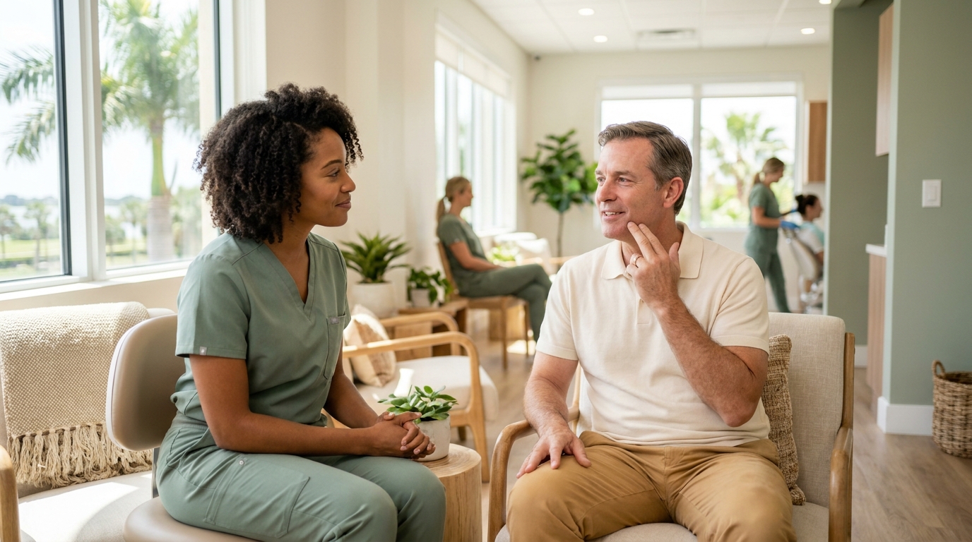 Dentist listening to a patient describe their concern during a consultation