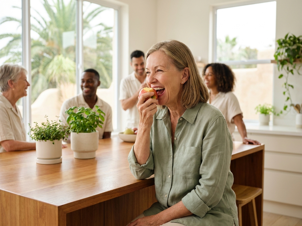 Patient enjoying food again after All-on-4 full-arch dental implants in Palm Beach Gardens