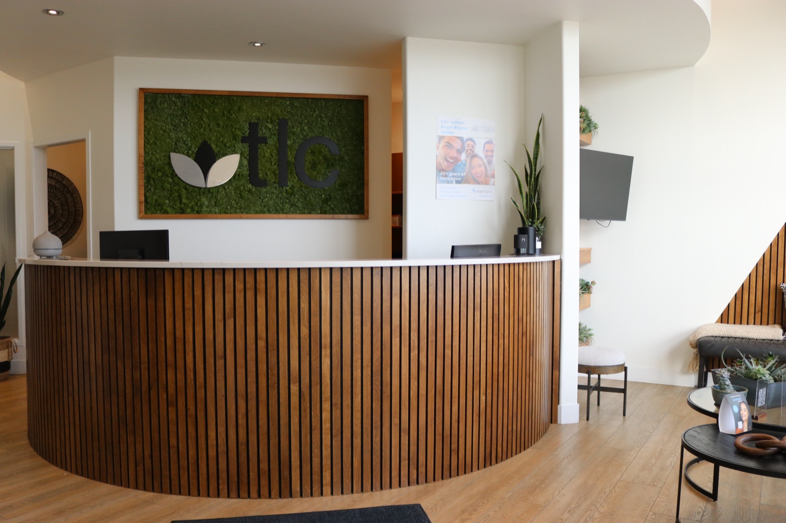 Front desk and welcome area at TLC Family Dental Centre, Leduc